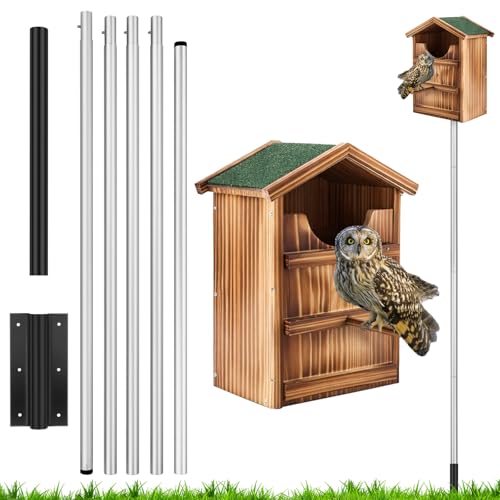 Yaocom Owl House with 12ft Pole Wooden Waterproof Nesting Box Outside | Screech Owls Guard Entry, Ground Socket Screws Included, For Kestrels Martins Bats, Prebuilt Ready Outdoor
