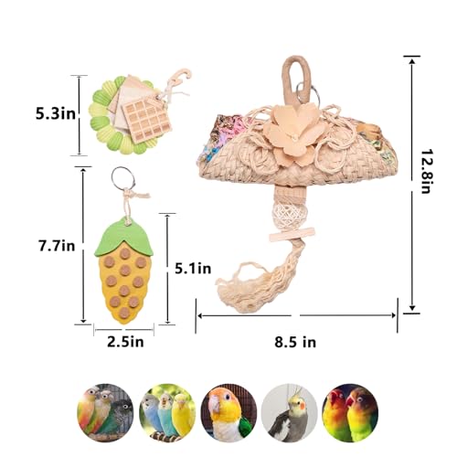 Parrot Chew Toys Set - Natural Wood & Loofah Toys with Plant-Based Dyes, 3 Pack Bird Chew Toys for Cockatiels, Conures & Small Parrots for Cage Enrichment (3 Pieces of Green Series) - color: 3 pieces of green series