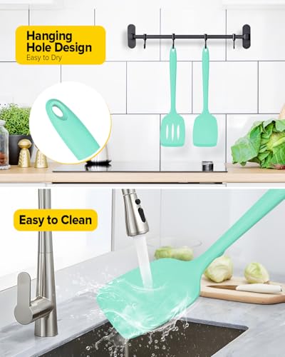 Pack of 2 Silicone Spatula Turners, Non Stick Slotted Kitchen Spatula Set, Heat Resistant BPA Free Kitchen Utensils, One-Piece Design, Suitable for Flipping Fish, Eggs, Steak, Pancakes (GREEN) - color: Green