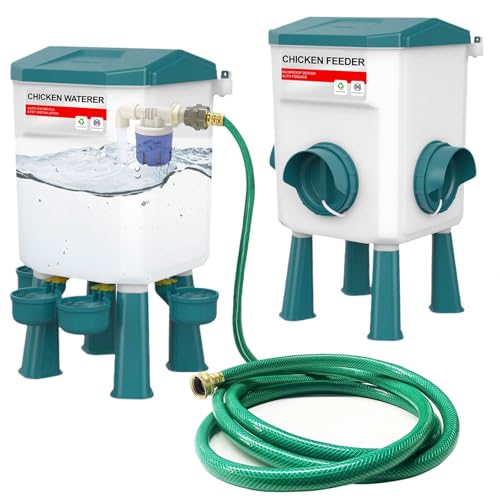 Float-Controlled Automatic Chicken Waterer & No Waste Feeder Kits - Chicken Coop Accessories, Poultry Waterer and Feeder, Two Buckets 3 Gallon/18-23 Pounds - color: Blue+Blue