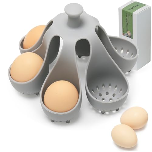 Silicone Egg Boiler Rack for Hard Soft Boiled Eggs, Food Grade Silicone Egg Boiler Cooker with 6 Holders, Kitchen Gadget for Cooking/Serving Eggs with Handle, Dishwasher Safe