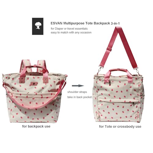 Diaper Tote Bag Totepack Backpack Crossbody Bag 3 in 1 for Women Laptop Backpack Multifunctional with Insulated Pockets - color: Corduroy Pink Strawberry