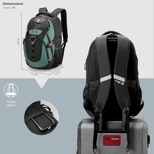 Swissdigital Design Laptop Backpack with USB Charging Port, Travel Backpack Fits 15.6 inches Computer, 31L College School Backpack for Men, Lake Green/Black | SD803-27 - color: Lake Green/Black