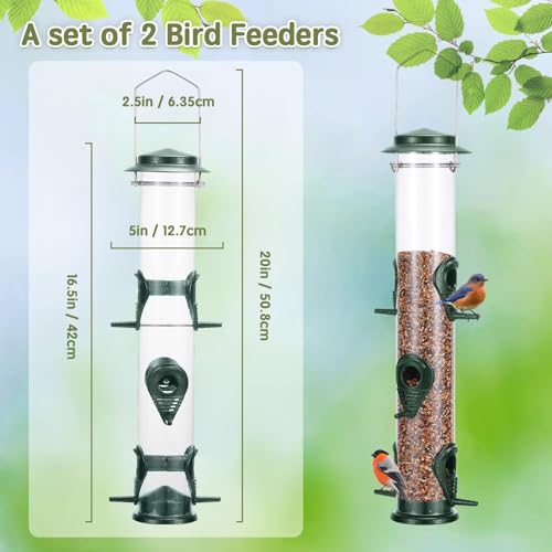 Metal Bird Feeder Tube Hanging Wild Bird Seed Feeder Aluminum Six Port Bird Feeders,1.4 mm Extra Thick Solid Tube Transparent with Steel Hanger Great for Attracting Birds (Green 2PK) - color: Green 2PK