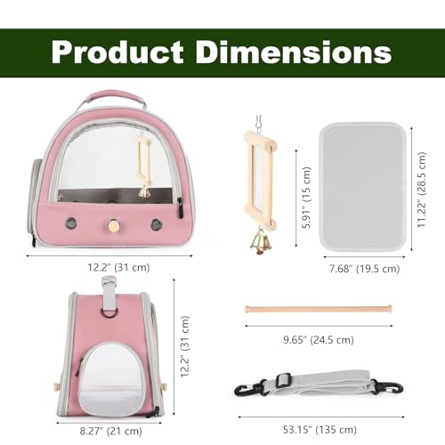 Portable Parrot Travel Cage Carrier with Small Swing Toy&Cage Colorful Toys Set Small Bird Parakeet Bag with Standing Perch Bird Carry Transport Bag (Pink, Carrier/Mirror) - color: Pink, size: Carrier/mirror