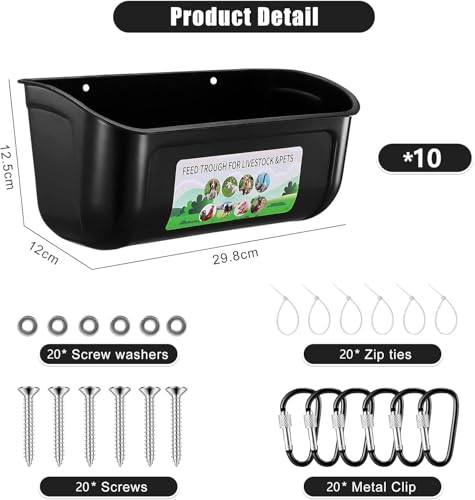 Chicken Feeder Waterer, 10 Pack Duck Feeder Supplies, Hanging Fence Feed Trough with Clips for Goat, Sheeple, Piglet, Gooses, Turkeys, Dog Livestock Poultry, Black - color: 10 pack Black