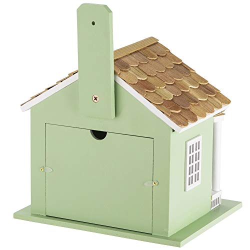 Decorative Wooden Birdhouse for Outdoor Hanging – Handcrafted Miniature Cottage Style with Blue Roof, Front Porch, and Balcony – Garden or Backyard Décor for Wild Birds (Green Lake House)
