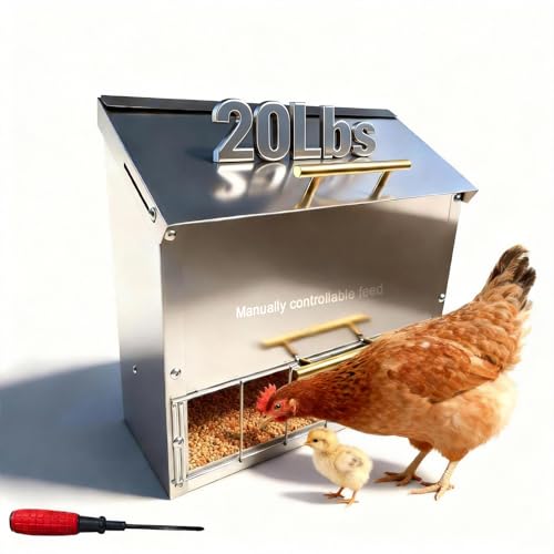 Stainless Steel Poultry Feeder 20Lbs - Manual Feed Quantity Control & Wall Mount Gravity Feeder with Push Pull Lid - Food Dispenser for Chickens Ducks Geese