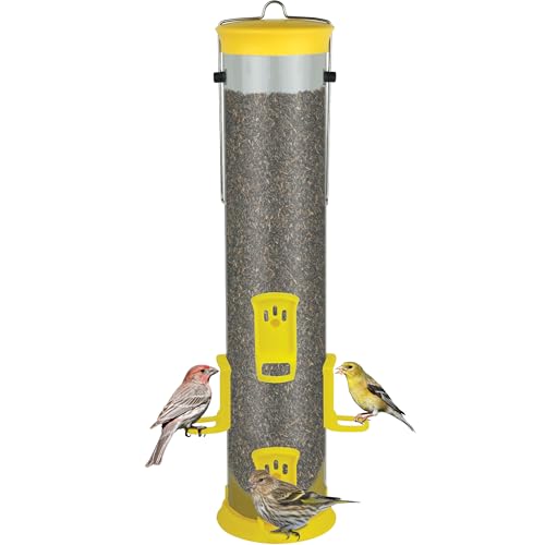 Nature's Way Large Plastic Thistle Tube Bird Feeder for Wild Birds and Outdoor Décor, 2.1 Quart Capacity, Six Ports, Easy-Clean Design, Yellow