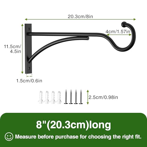 8 Inch 2 Pack Heavy-Duty Metal Plant Hanger Hooks, outdoor, Matte black | 30 lb capacity | For bird feeders, flower baskets, wind chimes, lanterns| Black | outdoor | Wall-mounted | Heavy Duty - size: 8 in, 2 pk