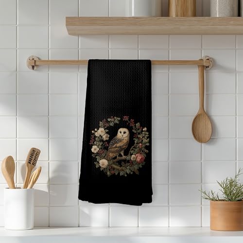 Dark Moody Floral Owl Kitchen Towels, Owl Lover Gifts, Dark Cottagecore Botanical Bird Dish Tea Towels for Kitchen Decor, Vintage Gothic Hand Towel for Bathroom, 16x24 Inch - color: 02color