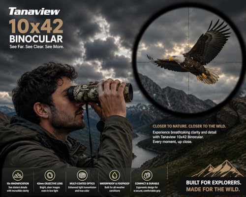 10X42 Compact Binoculars for Adults - Long Distance, High Powered Binoculars with Travel Case - Extra Bright Light & Large Field of View - Lightweight, Water & Fog Proof, Hunting, Bird Watching