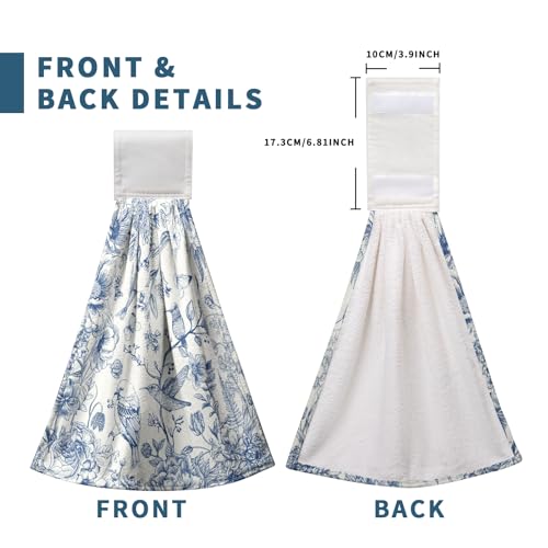 Blue Floral Bird Hanging Kitchen Towels Chinoiserie Vintage Flower Spring Summer Hand Towel with Loop Blue White Kitchen Tie Towels Dish Towel Set of 2 Soft Absorbent Hanging Bath Towel for Bathroom - color: Blue Floral Bird