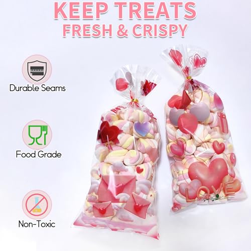 Valentines Goodie Bags, 120Pcs Valentines Treat Bags for Candy Goody Snacks Gifts Packing, Valentines Day Cellophane Bags With 135Pcs Twist Ties for Kids Classroom Party Favors - 4 Lovely Style - color: Valentines-120pcs