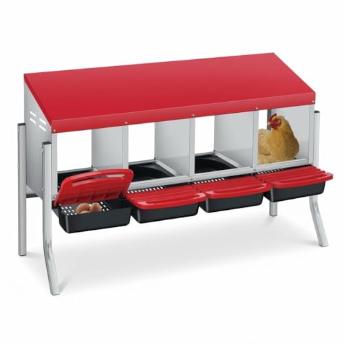 Chicken Nesting Boxes, Heavy-Duty 8-Compartment Metal Chicken Nesting Box – Removable Tray, Ventilation Holes, Easy Egg Collection, Rustproof Galvanized Steel - Red - 4 - Slot - with Legs - color: Red, size: 4 - Slot - With Legs