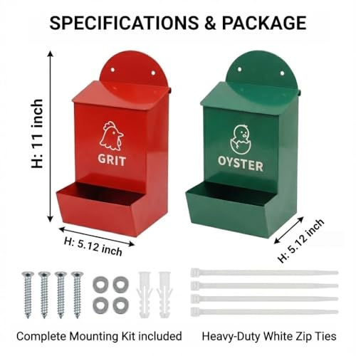 Chicken Grit and Oyster Shell Feeder 2 Pack, Oyster Shell for Chickens and Grit for Chickens Holder, No Waste Chicken Feeder with Rainproof Lids, Drain Holes, Wall Mounted Metal