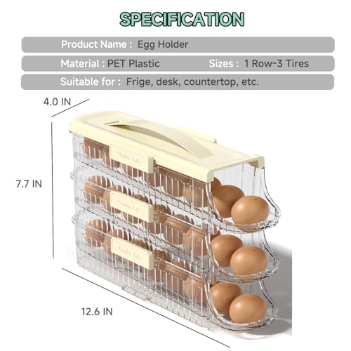 Egg Holder for Fridge, Clear, 1 Row-3 Tiers | Automatic Rolling, Stackable, Removable Inner Tray, Dispenser Organizer - size: 1 Row-3 Tiers