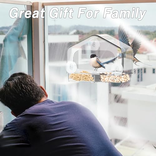Clear Window Bird Feeder with 3 Strong Suction Cups and Detachable Seed Tray, Sturdy Acrylic Bird Feeders for Viewing Wild Birds Outside, and Garden Decor, Outdoor Birdhouse Feeder