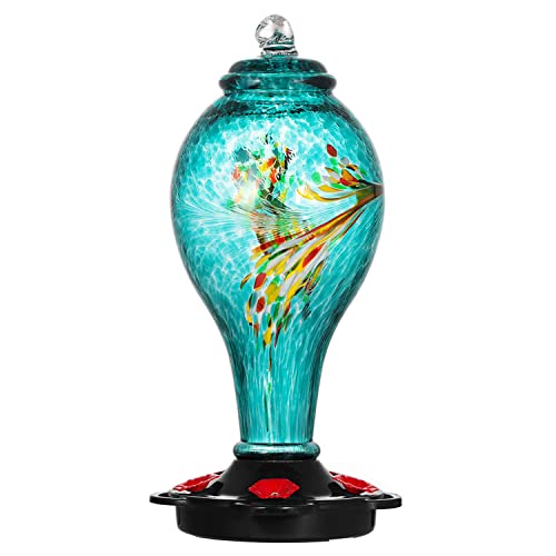LUJII Hummingbird Feeder, Hand Blown Glass Hummingbird Feeder, Never Fade, 36 Fluid Ounces, 5 Feeding Metal Stations, Much Bigger, Garden Backyard Decorative, Containing Ant Moat (Blue) - color: Blue, size: Large