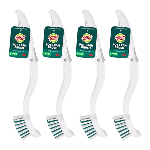 Scotch-Brite Pot & Pan Brush, 4 Pack | Durable and Long Lasting Dish Brush with Handle for Scrubbing Stainless Steel, Outdoor Furniture & Sinks without Scratching