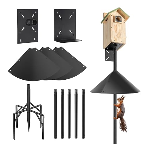 92" Bird Feeder Pole with Squirrel Baffle, 1" Heavy Duty Metal Stand | 5-Prong ground base birdhouse pole mount kit, 2 plates for smart bird feeder, rustproof outdoor post for bluebird houses - size: 92 Inch-Squirrel Baffle