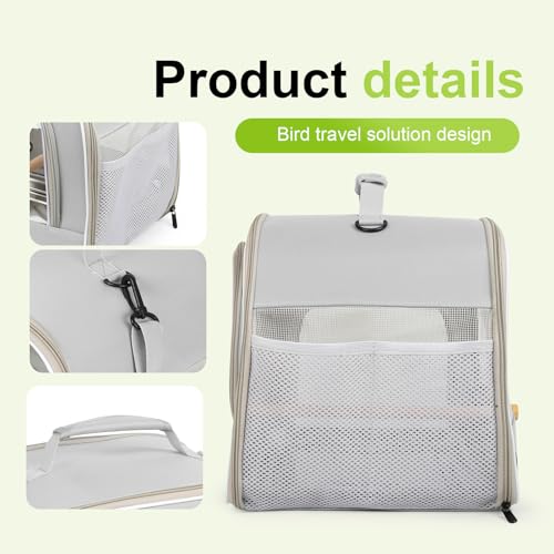 Bird Travel Carrier Cage for Medium Parrot, Portable Bag with Metal Tray to Carry and Transport Medium and Large Birds Like African Grey, Long Tail Cockatiel (Gray, Large Carrier) - color: Gray