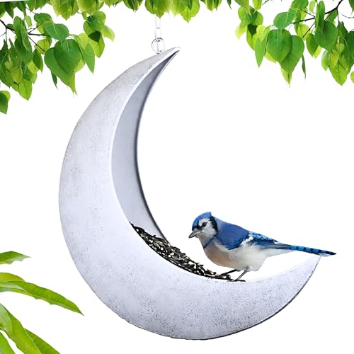 Hanging Moon Bird Feeder – Unique Metal Bird Feeders for Outdoors, Rustic White, Rust-Resistant, Wild Bird Feeder for Bluebirds, Cardinals, Finches, and Backyard Birdwatching - color: Rustic White