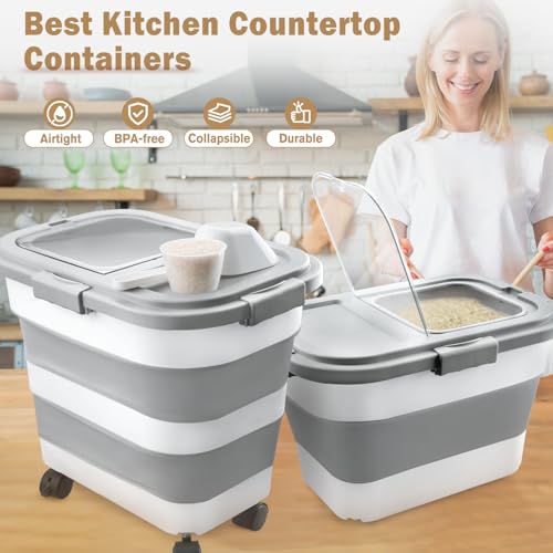 Rice Storage Container, Collapsible Airtight Food Storage Containers 6-20 Lbs, Rice Dispenser Bin with Cup and Scoop for Flour Cereal Pasta Grain, Cat Bird Pet Dog Food Storage Container - size: 6-20 Lbs