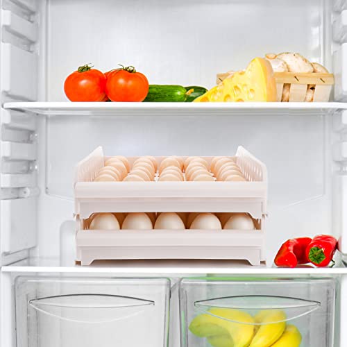 60 Egg Drawer for Refrigerator, 2-Layer Stackable Egg Holder Storage Container for Countertop, Large Capacity Plastic Fresh Egg Tray Dispenser Organizer Keeper with Handle for Kitchen