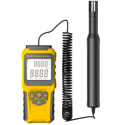 MT-93D Split Thermo Hygrometer Humidity Meter | Flexible spring cord air temp probe, RH dew wet bulb readout, backlit LCD, data hold MAX/MIN, ℃/℉, humidifier HVAC greenhouse