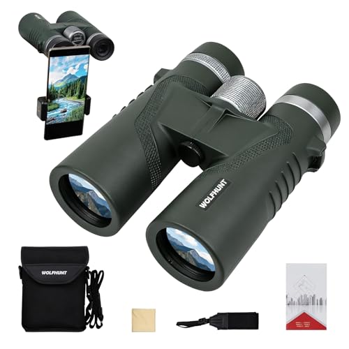 WOLFHUNT 12x42 10x42 Optics Binoculars, IPX7 High Power Bino, BAK-4 Prism FMC Lens, Waterproof, Nitrogen-Filled Fogproof Binoculars for Bird Watching, Hunting, Travel (OD Green, 12x) - color: OD Green, size: 12x