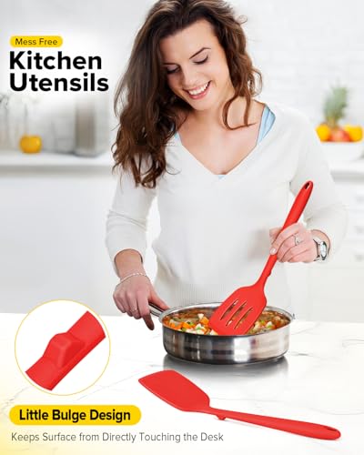 Pack of 2 Silicone Spatula Turners, Non Stick Slotted Kitchen Spatula Set, Heat Resistant BPA Free Kitchen Utensils, One-Piece Design, Suitable for Flipping Fish, Eggs, Steak, Pancakes (RED) - color: Red