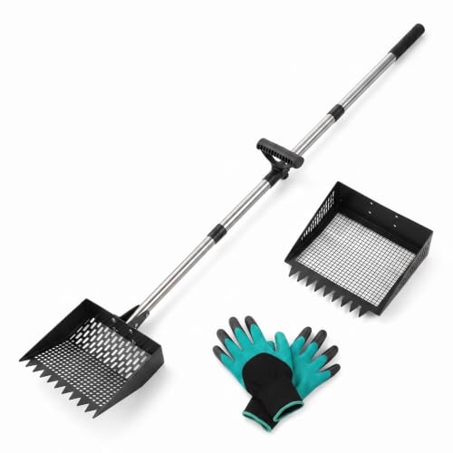 Chicken Poop Scooper & Rake 2-in-1, 10" Stainless Steel Sifting Shovel, Interchangeable Dual Heads, 5-Section Handle 24-68", 3 Angles, Includes Gloves, Heavy Duty Chicken Coop Cleaning Kit