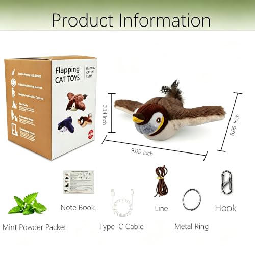 Upgraded Flappy Chase Interactive Chirping Bird Cat Toy with Flapping Wings,No Flying, Interactive Simulation Electric Cat Toy for Cats Dogs-Cat Toys Touch Activated, Rechargeable - color: Brown