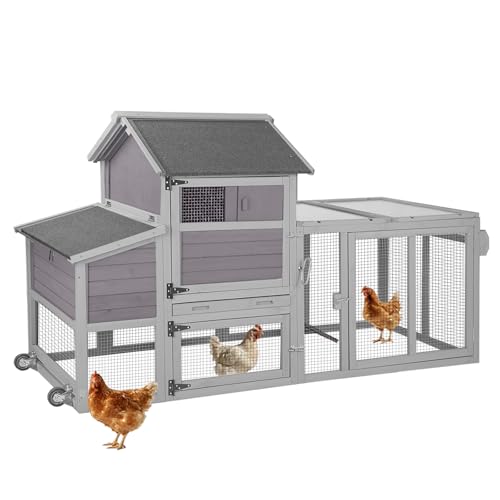Mobile Chicken Coop with Wheels for 4-6 Chickens, Large Outdoor Hen House with Run, Weatherproof Asphalt Roof, Sectionable Nesting Box, Pull-Out Tray, 78" L x 27.6" W x 45" H - Grey - size: 78.0"L x 27.6"W x 45.0"H