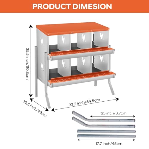 Garvee Chicken Nesting Box, 6 Compartments Nesting Box for Chickens, Galvanized Steel Chicken Laying Box for Easy Egg Collection, Wall Mounting - color: Orange | 6 Compartments+legs