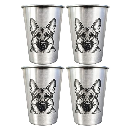 4 Pack 16oz Conical Stainless Steel Cups - Laser Engraved Animals, Stackable Durable Metal Cold Drink Cups for Parties & Outdoor Events (German Shepherd) - color: German Shepherd