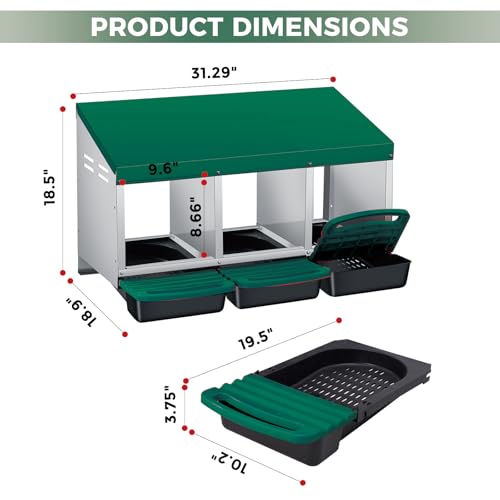 Chicken Nesting Box 3-Compartment Roll-Out with Pull-Out Trays, Egg Nesting Boxes for Hens, Chicken Coop Laying Box,Easy Wall Mounting with Metal Legs - color: green, size: 3 holes