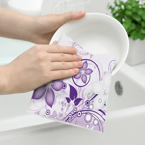 Purple Floral Kitchen Towels Boho Dish Towels for Kitchen Cleaning | Absorbent Cute Tea Towels for Kitchen Cooking Baking Farmhouse Home Decor, 16x24 Inch Set of 2 with Hanging Loop - color: Purple Floral