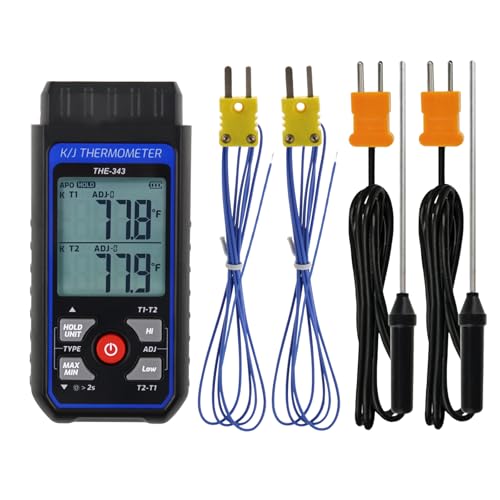 Thermocouple Thermometer Digital K/J Type with 4 K Type Thermocouple, HVAC Thermometer with Alarm & Adj Compensation, Temperature Meter -328°F ~ 2501°F Measuring Range