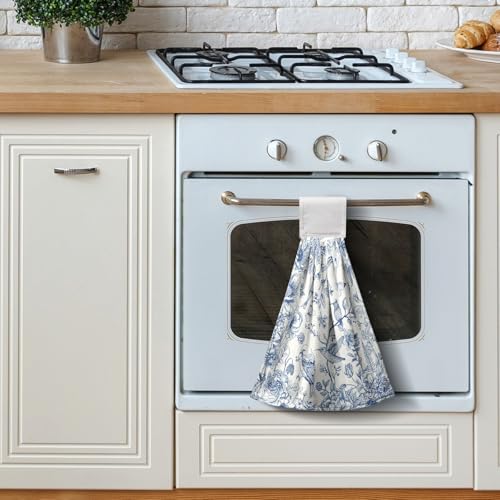 Blue Floral Bird Hanging Kitchen Towels Chinoiserie Vintage Flower Spring Summer Hand Towel with Loop Blue White Kitchen Tie Towels Dish Towel Set of 2 Soft Absorbent Hanging Bath Towel for Bathroom - color: Blue Floral Bird