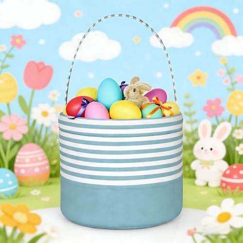 Easter Basket for Kid Boy Girl,Easter Egg Hunt Buckets,Personalized Canvas Tote Bags Easter Party Gifts for Easter Halloween - color: AB-Blue