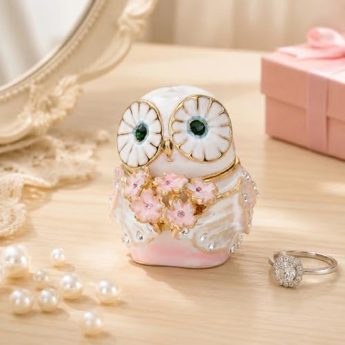 Cute Big Eyes Owl Holding Pink Bouquet Trinket Box with Hinged Classic Animal Ornaments Unique Gift for Family