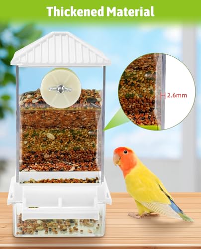Hamiledyi Automatic Bird Feeder No Mess Bird Cage Feeder Seed Food Container with Perch Transparent Parrot Cage Accessories for Parakeets, Budgies, Cockatoos, Finches, Lovebirds, Canaries (White) - color: Translucent White + Perch