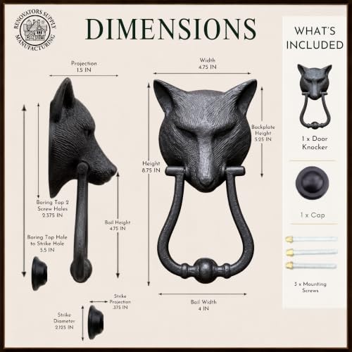 Renovators Supply Manufacturing Door Knockers for Front Door 8.5 in. Black Cast Iron Fox Head Shaped Door Knocker with Mounting Hardware - color: Black Fox head