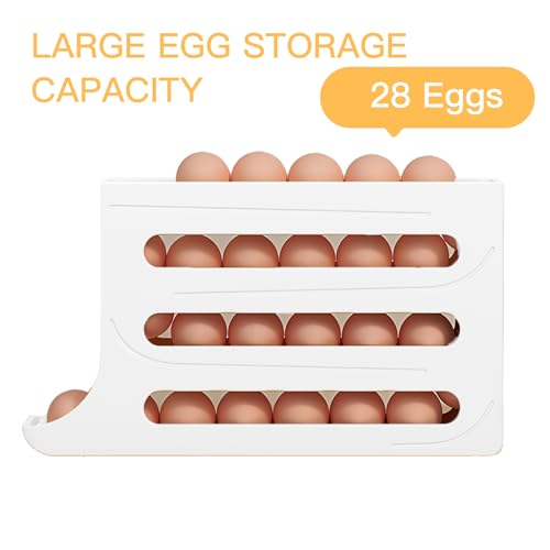 Automatic Rolling Egg Storage For Refrigerator, Fridge Organizer, Space Saving Refrigerator Egg Holder For Fridge ,Egg roller holds 28 Eggs,for Refrigerator,Kitchen,Cabinets,Tabl (White) - color: White