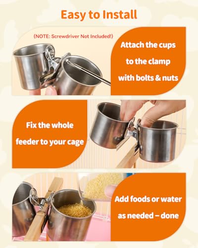 Pawfly Bird Cage Mounted Food & Water Containers, Sturdy Stainless Steel Cups with Clamp Design, Feeding Supplies for Budgie, Parakeet, Cockatiel & Conure