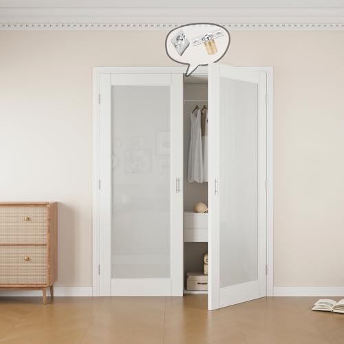 56x80 Interior French Door,1-Lite Frosted Glass Doors,DIY Prehung Room Door | Prefinished & Paintable Double Doors with Ball Catches & Hinges & Handles, Tempered Frosted Glass, Interior Swing Closet Door - color: Full Frosted Glass, size: 56" x 80"