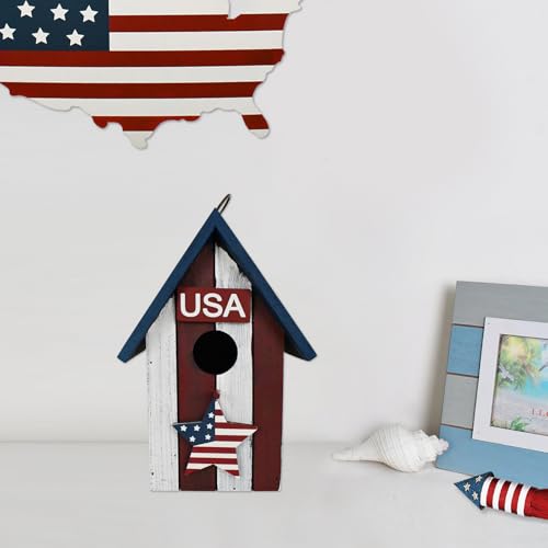 Patriotic Wood Bird House for Outside, Hanging Birdhouse for Outdoor Garden Decorative US Flag Bird House Nest Home for Wrens and Small Birds