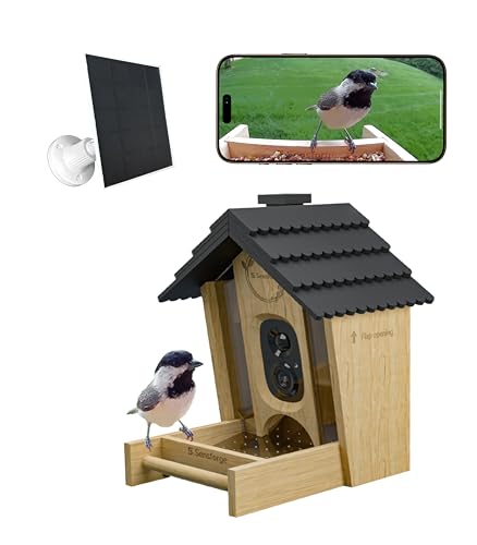 Smart AI Bird Feeder Camera, 2.5K HD Live View, Solar-Powered Wooden Outdoor Feeder with AI Recognition, Weatherproof, App Notifications - Ideal for Bird Lovers, Parents & Kids